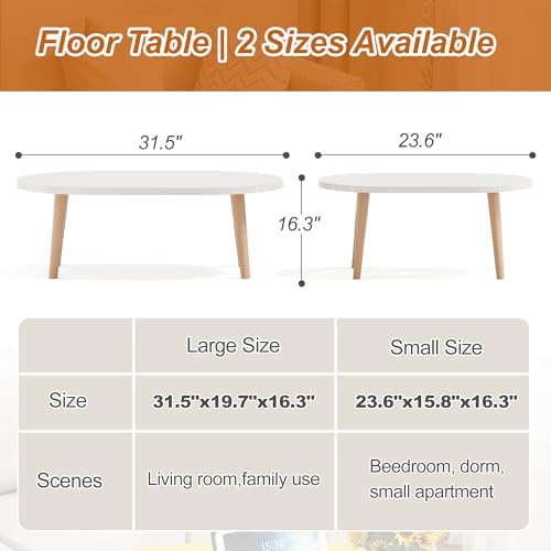 Coffee Table Low Table with Solid Wood Legs, 31.5x19.7 Large Coffee Table Side Table, Floor Table Desk for Sitting on The Floor, Living Room Furniture for Office Apartment Home, Oval White - Image 2
