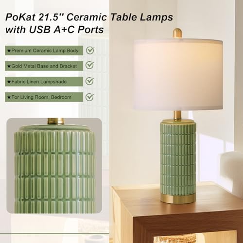 PoKat Bedside Table Lamps Set of 2 for Living Room with 2 USB Ports, 21.5'' Small Modern Nightstand Lamps for Bedroom, Ceramic Side Table Lamps with Gold Base for Office Entryway Decor Gift (Green) - Image 4