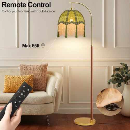 Wood Floor Lamps for Living Room Vintage Gold Floor Lamp with Remote Control & 3 Color Temperature,Dimmable Floor Lamp Mid Century Modern Standing Lamp Green Fringe Tall Floor Lamp for Bedroom Corner - Image 3
