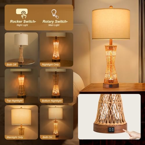 OYEARS 27" Table Lamps Set of 2 with Rattan & Dual Lights, Boho Lamps for Nightstands, Bedside Lamps for Bedroom, Nightstand Lamp for Living Room, Farmhouse Table Lamp for Office & Study - Image 2