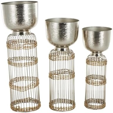 Deco 79 Metal Indoor Planter Textured Dome Large Planter Pot with Woven Seagrass and Caged Rod Pedestal Base, Set of 3 Planters 32", 27", 24"H, Silver - Image 6