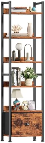 Furologee 6 Tier Bookshelf, Tall Shelf with Drawer, Wood and Metal Bookshelves Storage Organizer, Industrial Display Shelving Unit for Bedroom, Living Room, Home Office, Rustic Brown by Furologee