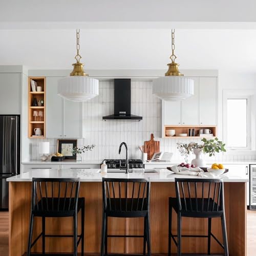 Milk Glass Pendant Light, 10.63" White Pleated Glass Chandelier, Vintage Brass Antique Pendant Lights, for Kitchen Island Lighting, Hallway, Bedroom, Dining Room, Foyer, E26 Bulb Included - Image 2