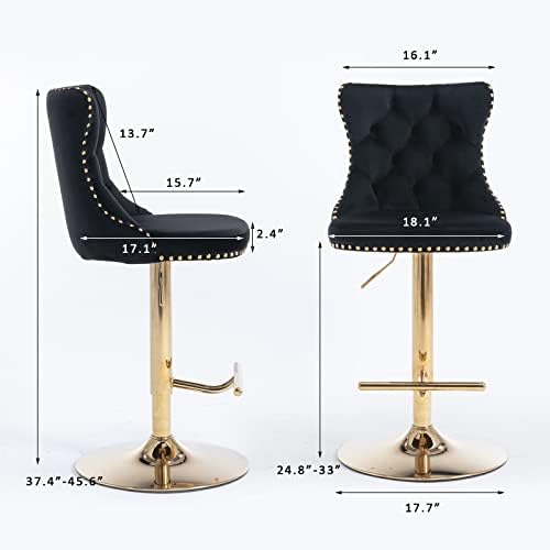 SoarFlash Velvet Bar Stool Set of 2, Adjustable Swivel Bar Stools with Gold Plated Metal Leg, Button Tufted, Footrest, Chrome Nailhead, Counter Height Chair for Kitchen, Bar, Dining Room (Black) - Image 2