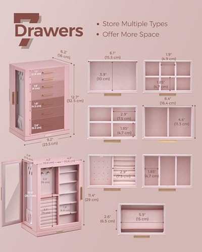 Glimmloop 360° Rotating Jewelry Box with 7 Drawers, Spacious Vertical Jewelry Organizer with Glass Window, Jewelry Storage Case, Dustproof & Moisture-resistant Design, Pink - Image 5