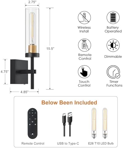 Wireless Wall Sconces with Remote Control, Battery Operated Wall Sconce Set of 2, Black & Gold Rechargeable Dimmable Wall Light for Bedroom Living room Bathroom Hallway Entryway Stairwell, 3000K - Image 5