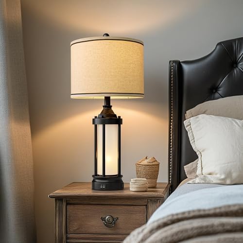 25'' Table Lamps for Bedroom Living Room Lamps Set of 2 Farmhouse Nightstand Bedside Lamps with USB Ports, Built-In Frosted Glass Night Light Industrial Metal Night Stand Lamp, Bulbs Included, Black - Image 5
