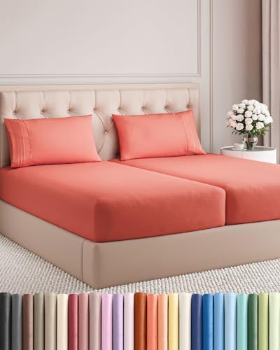 Split King Size 5 Piece Sheet Set - Breathable & Cooling Sheets - Coral by CGKUnlimited