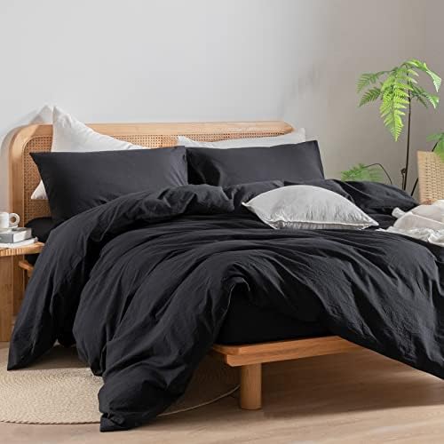 BESTOUCH Cotton Solid Duvet Cover Set Linen Feel Deep Black Queen - Image 4