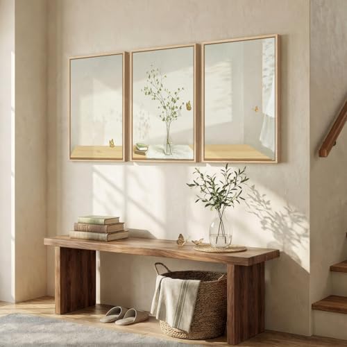 Framed Botanical Neutral 3 Piece Wall Art for Living Room, Minimalist Butterfly Sunshine Canvas Artwork for Walls, Peaceful Sill Life Illustration Print Bedroom Dining Room Office Wall Decor, 16x24 In - Image 2