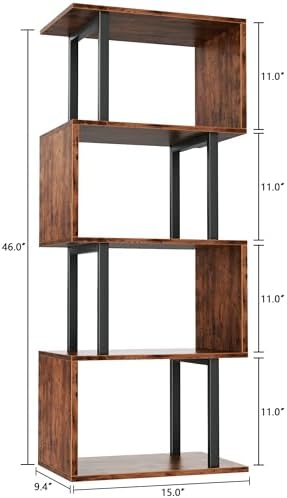 Furologee 5 Tier Bookshelf, S Shaped Geometric Bookcase, Rustic Brown - Image 3