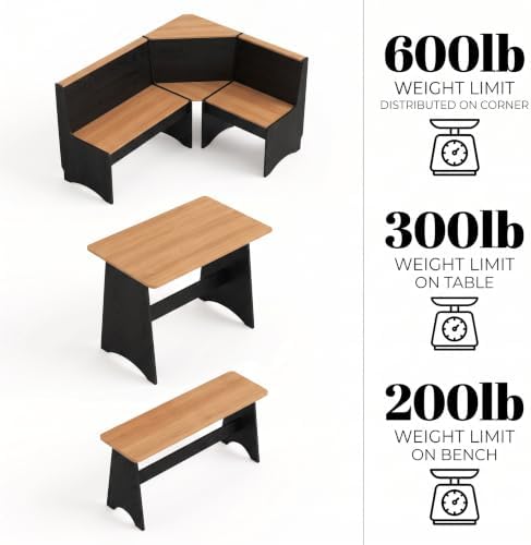 Farmhouse Breakfast Nook Table Set with L-Shaped Bench & Storage, Reversible Seating for 3-4, Easy-Clean Waterproof Laminate, Space-Saving Corner Design (Black + Natural) - Image 3