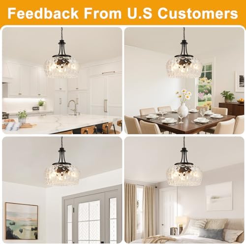Modern Pendant Lights Kitchen Island, 3-Light Black Pendant Light Fixtures with 14.2" Clear Hammered Glass Shade, Industrial Hanging Pendant Lights Fixture for Kitchen Island, Dining Room, Entryway - Image 4