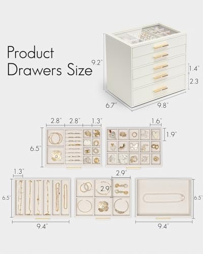 VLANDO 5 Layer Jewelry Box for Women, Glass Lid Jewelry Organizer with 5 Drawers for Necklaces Rings Earrings Bracelets - Cloud White - Image 3