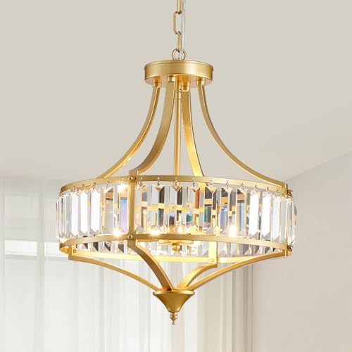 Gold Chandeliers for Dining Room Modern Round Crystal 4 Lights Rustic Pendant Lighting Fixture with Metal Lampshade for Living Room Hallway Bedroom Foyer by Majhoiw