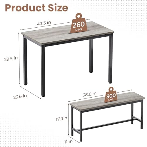 Dining Table Set for 4, 3 Piece Dining Room Table Set for Space-Saving, Modern Kitchen Table with 2 Benchs for Apartment Breakfast Nook and Samll Space, Grey - Image 2