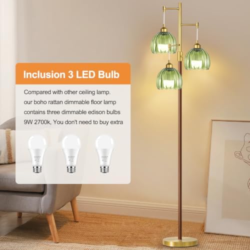 Wood Floor Lamps for Living Room Bedroom-3 Light Gold Floor Lamp with Glass Lampshape, Flower Tall Lamp Glass Mid Century Standing Lamp Vintage Tree Floor Lamp for Bedroom Corner - Image 3