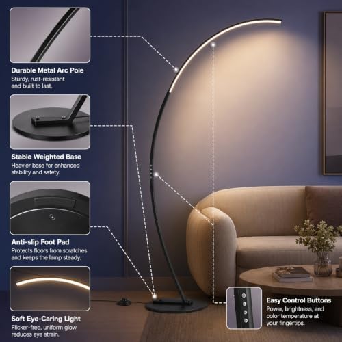 LED Floor Lamps for Living Room with 3 Color Temperatures, Super Bright 2500LM Arc Floor Lamps, Modern Standing Tall Lamp with Remote Control Reading Floor Lamp for Bedroom Office Classroom - Image 6