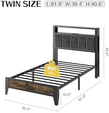 OLEVS Twin Bed Frame with LED Light Storage Headboard and Charging Station Type C, Metal Platform Bed Twin Size,No Box Spring Needed, Noise Free, Easy Assembly - Image 2