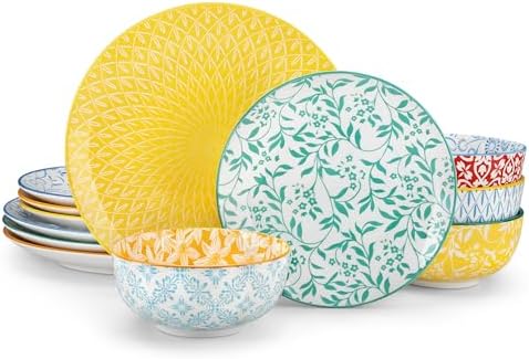 vancasso SELENE Plates and Bowls Set for 4, 12 Pieces Dinnerware Sets, Mircowave and Dishwasher Safe Dishes Set, Porcelain Pastel Dinnerware by vancasso