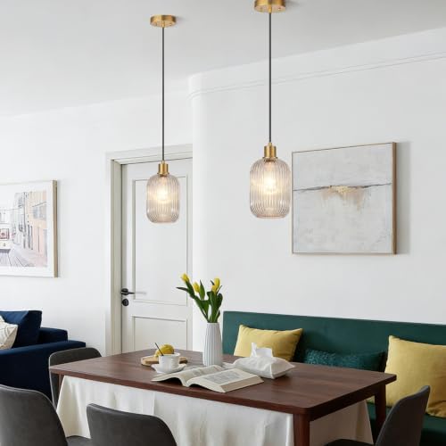2 Pack Pendant Lights with Vintage Clear Ribbed Glass Lampshade, Adjustable Brushed Gold Pendant Lights Fixtures for Kitchen Island Lighting Sink, Dining & Living Room Hallway (Bulbs Not Included) - Image 3