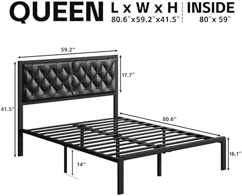 Fluest Queen Bed Frame with Headboard PU Leather Upholstered Bed Frame Platform,All Metal Slats Support Platform Bed Frame with Storage Space,Easy Assembly,Noise Free,No Box Spring Needed,Black - Image 2
