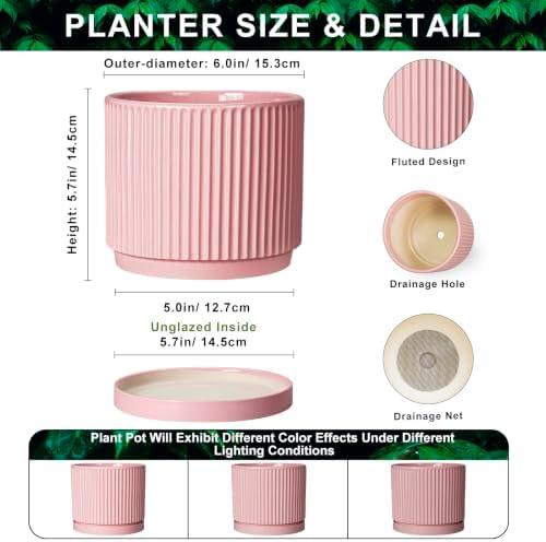 6 Inch Ceramic Flower Pots, Round Plant Pots with Saucer, Pink - Image 2