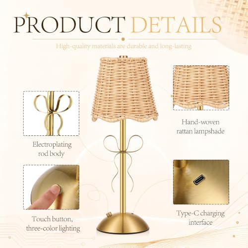 12 Inch Rattan Cordless Table Lamp, Bow, Gold, 2 Pack - Image 3