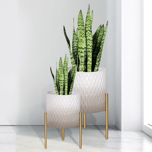ARNIS Plants Pots with Stand, Set of 2 Indoor Planter Pots, Unique Mid Century Decorative Metal Flower Pots with Drainage,8.25 & 10.5 Inch, Grey and White by ARNIS