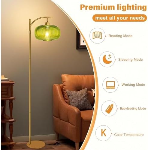 Glass Floor Lamp for Living Room, Modern Standing Lamp for Bedroom, Dimmable Tall Lamp with Shade, Remote,12W LED Bulb Included (Gold+Green) - Image 4