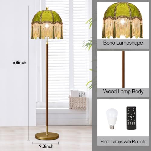 ILLMTW Vintage Floor Lamp for Living Room,Bedroom,Dimmable Standing Lamp with Remote,Green Mid Century Gold Tall Lamp Boho Retro Floor Light Wood Fringe Tassel Flower Unique Tiffany Victorian Decor - Image 6