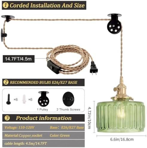 Shenmoyl Plug in Pendant Light Hanging Light Fixture Corded On/Off Switch Brass Pendant Light with Green Striped Glass Lampshade for Bedroom Living Room Kitchen Island - Image 5