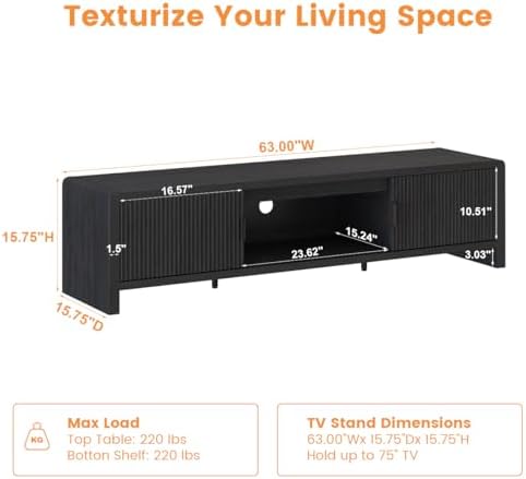 FATORRI TV Stand for 75/65/55 Inch TVs, Mid Century Modern Entertainment Center with Storage, Wooden Television Media Console Cabinet with Fluted-Door for Living Room, Bedroom (63 Inch W, Black) - Image 3