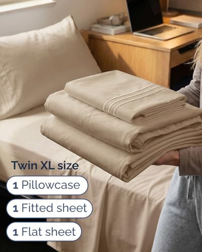 Twin XL 3 Piece Sheet Set - College Dorm Room Essentials - Cream - Image 3