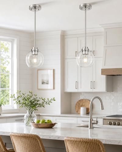 Pendant Lights Kitchen Island 2 Pack, 7" Modern Brushed Nickel Hanging Lights Fixtures with Clear Glass Globe Shade, Kitchen Island Lighting for Bathroom, AD-22280-1P2-SN-C - Image 4