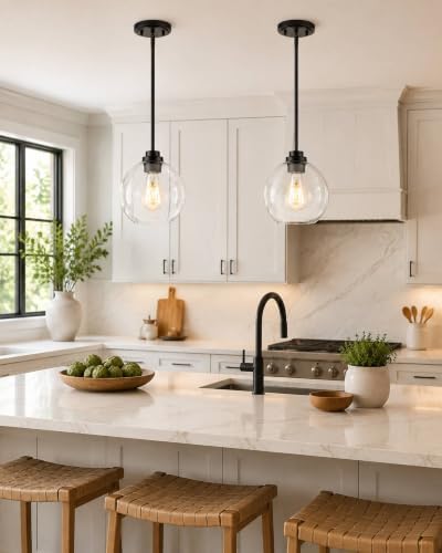 2 Pack Pendant Lights Kitchen Island, 8" Black Pendant Light Fixtures with Globe Clear Glass Shade, Modern Kitchen Island Lighting for Bathroom, AD-22280-2PL-BK - Image 3