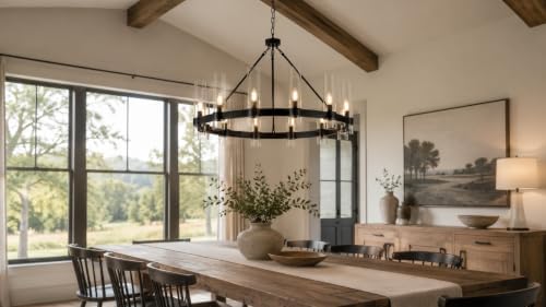 38 Inch Black Wagon Wheel Chandelier with Glass Shade, 12 Lights, Modern Farmhouse Style, Ideal for Dining Room, Kitchen, Entryways - Image 6