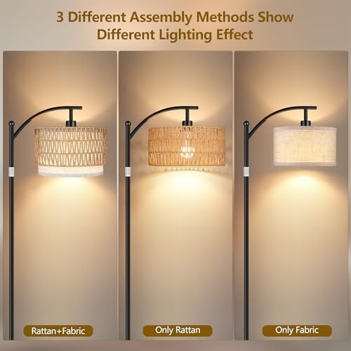 ROTTOGOON Arc Floor Lamps for Living Room, Boho Farmhouse Floor Lamp with Remote & Dimmable Bulb, Standing Lamp with Rattan & Fabric Shades, Adjustable Tall Lamp for Bedroom Office-Black - Image 4