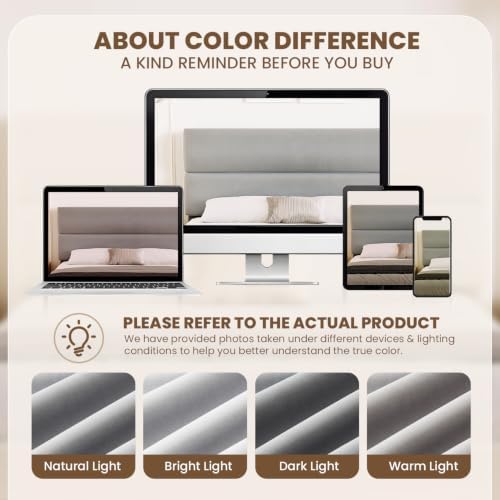 GRUSIGN Queen Size Platform Bed Frame with Velvet Headboard, Adjustable Height Wooden Slats Support, Upholstered Mattress Foundation, Fits Mattress or Mattress with Box Spring, Easy Assembly, Grey - Image 4