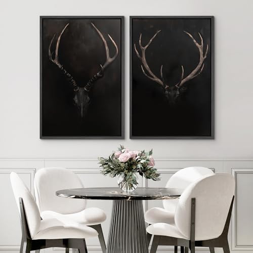 SIGNWIN Framed Canvas Print Wall Art Rustic Antler Skull Dark Dramatic Black Vintage-Inspired Deer and Elk Antlers Illustrations Decorative for Living Room, Bedroom, Office - 24"" x36 x2 Black - Image 3