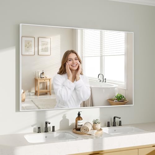Koonmi White Rectangle Wall Mirror, 30x48 Inch Bathroom Mirror, Aluminum Frame Vanity Mirror for Entryway, Living Room, Bedroom Bathroom, Hangs Horizontally or Vertically by KOONMI