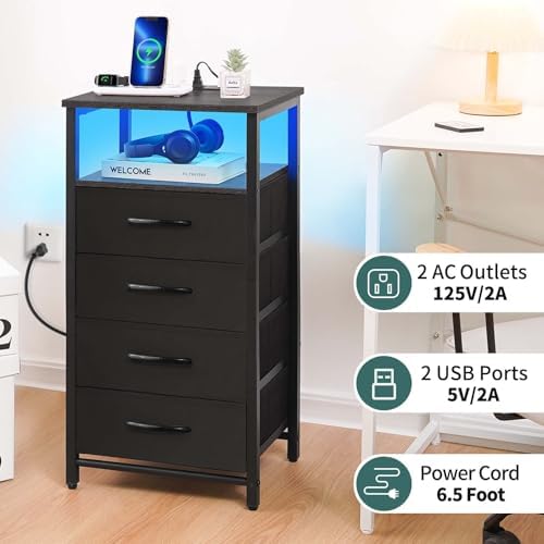 Yoobure Night Stand - LED Nightstand with Charging Station, Bedside Table with 4 Fabric Storage Drawers and Storage Shelf, End Table with USB Ports and Outlets, Tall Nightstand for Bedroom - Image 6