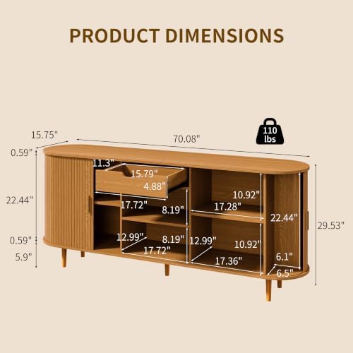71" Sideboard Buffet Cabinet with Storage,Large Credenza with Sliding Doors and1 Drawer,Mid Century Modern Coffee Bar Cabinet with Adjustable Shelves for Dining Room,Kitchen,Living Room(Yellow Walnut) - Image 2