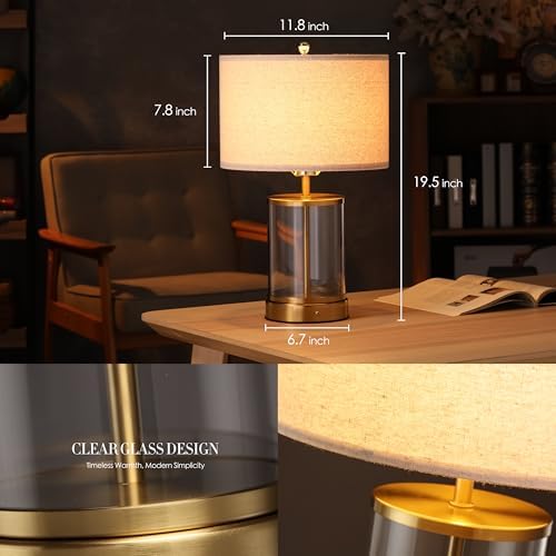 O’Bright Luma - Battery Powered Table Lamp, Cordless Glass Bedside Lamp with Rechargeable Battery, Full Size 19.5 Inch Height, Touch Dimmer, Type-C Charging, Clear Glass Design, Antique Brass - Image 5