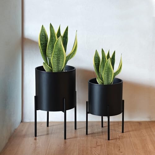 ARNIS Modern Plant Pots, Large Planters with Stand, Set of 2 Decorative Planters, Metal Plant Pots with Drainage Holes for Living Room, Office, Garden or Balcony, 10.5 &12.25 Inch, Black by ARNIS