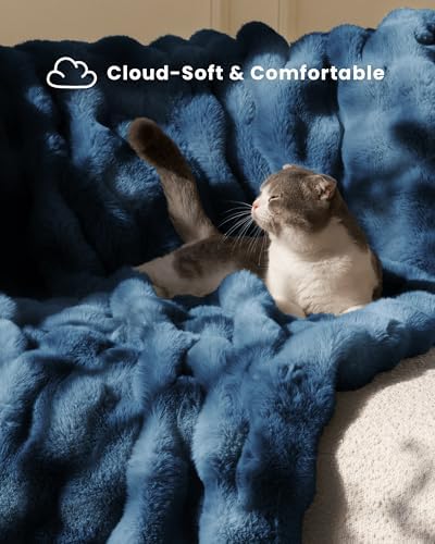 Ultra Soft Cozy Faux Fur Throw Blanket, Fuzzy Plush Thick Bubble Blanket, Oversize Luxury Fluffy Blanket for Couch, Bed, and Living Room, 60x80 Inches, Blue - Image 2