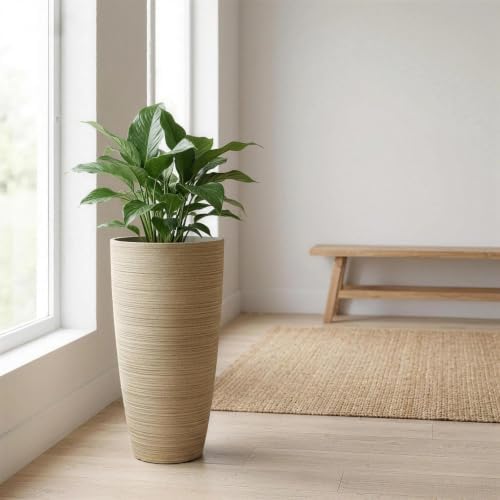 ZMTECH 2-Pack Large Tall Planters with Saucer - 6.8 Gallons /12x21 Inch Faux Stone Finish Round Flower Pots for Indoor Plants, Outdoor Patio & Porch Decor, Unbreakable Plant Containers Beige - Image 4