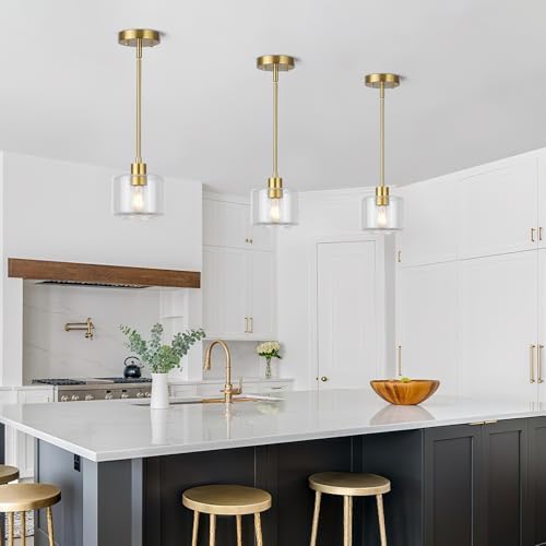 Brushed Gold Pendant Lights Kitchen Island 2 Pack, Modern Clear Glass Hanging Light Fixtures with Rods, Mini Kitchen Pendant Lighting Over Island for Sink Bathroom, OS-YQ8153-2PBGC - Image 4