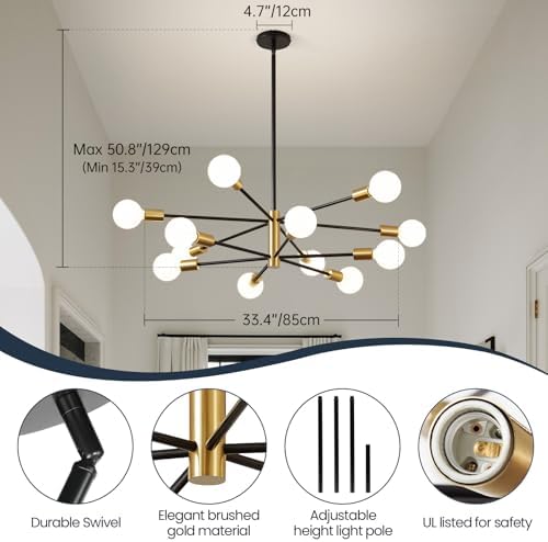 RUIYEY Modern Chandelier Ceiling Light Fixture - 33.4" 12-Light Gold and Black Sputnik Chandeliers, Height Adjustable Industrial Farmhouse Pendant Lighting for Dining Room, Living Room, Kitchen Island - Image 2