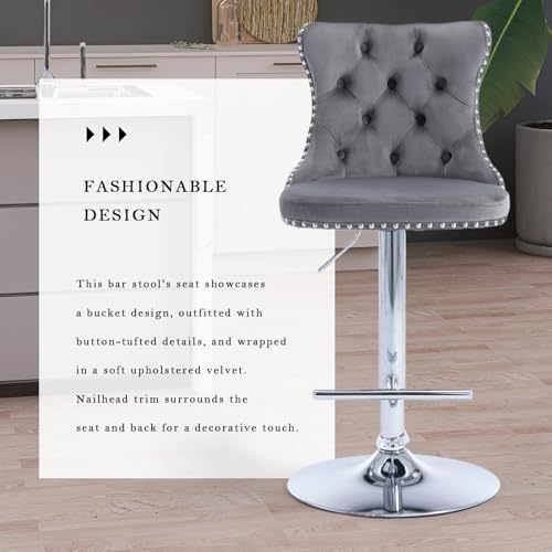 SoarFlash Velvet Bar Stool Set of 6, Adjustable Swivel Bar Stools with Silver Plated Metal Leg, Button Tufted, Footrest, Chrome Nailhead, Counter Height Chair for Kitchen, Bar, Dining Room (Grey) - Image 6